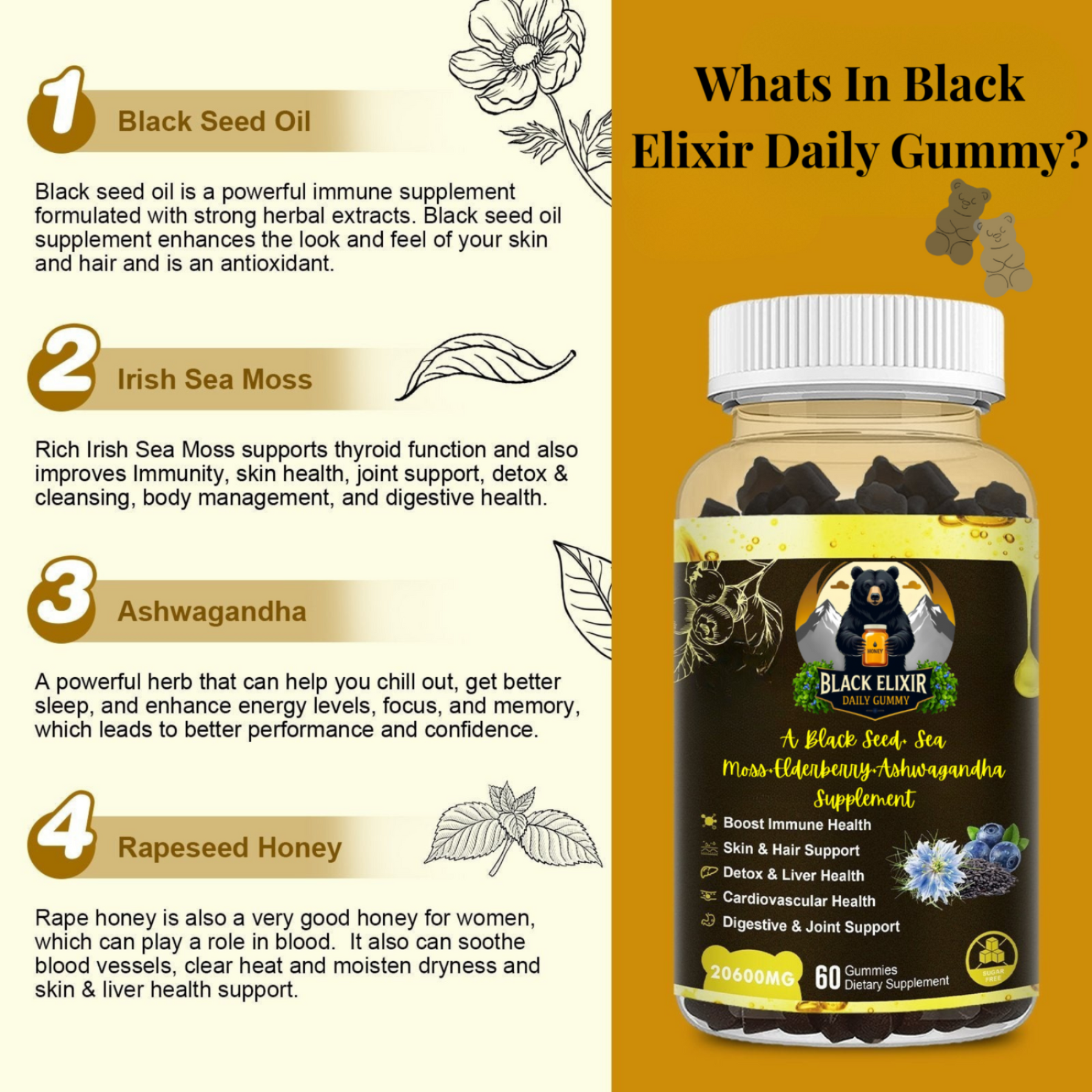 Black Elixir Daily Gummy supplement bottle with ingredients listed on a yellow background